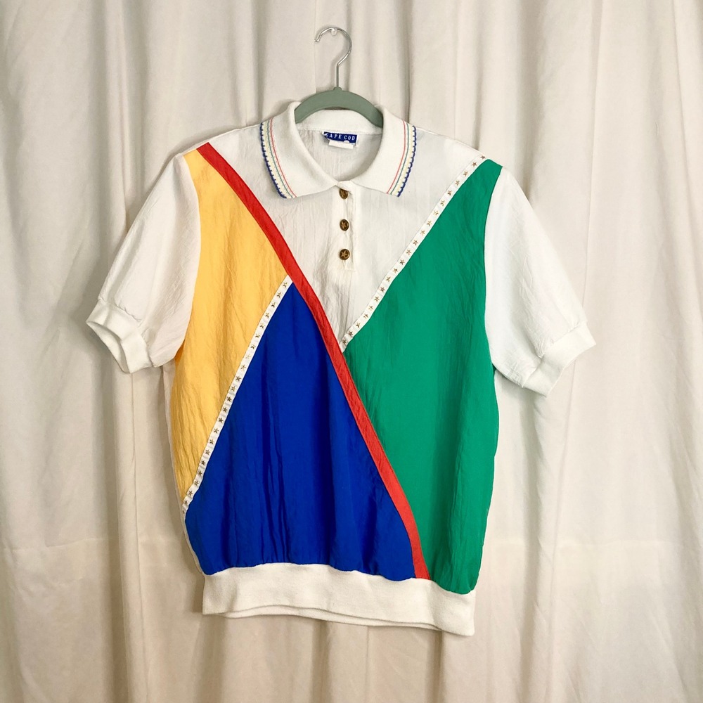 Vintage 80s Colorblock Stars Cape Cod Sportswear Polo Top Kidcore Memphis Design
